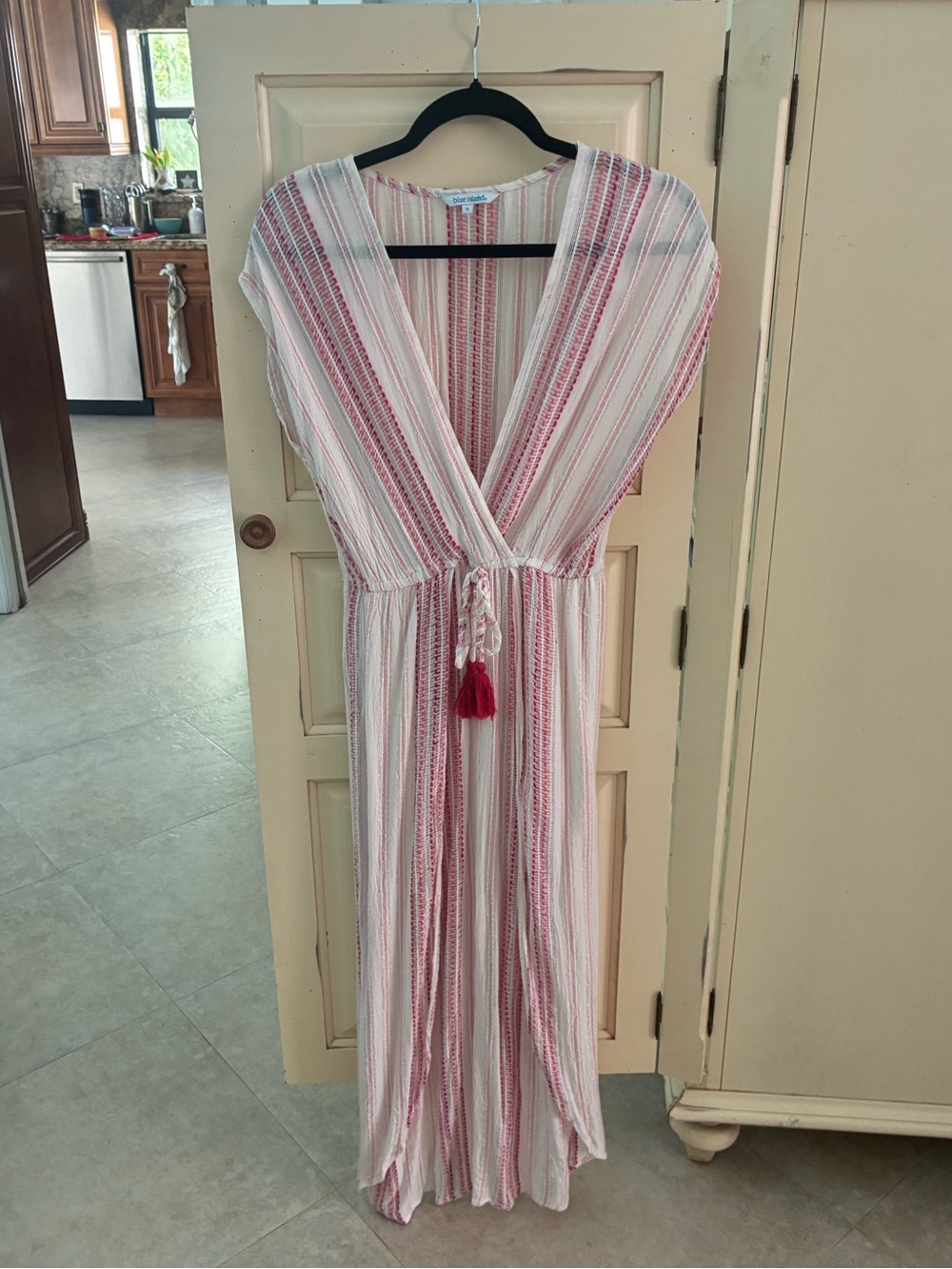 Blue Island Lightweight Pink Stripe V-Neck Maxi Dress with Tassel Tie - Picture 8 of 8
